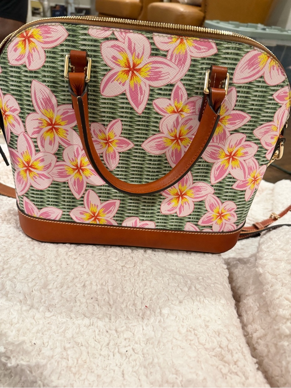 Dooney & Bourke Green Floral Tote with Pink Blossoms and Brown Leather Trim - Picture 4 of 4